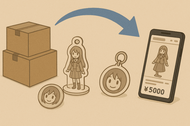 アニメグッズのせどりの流れ説明イラスト