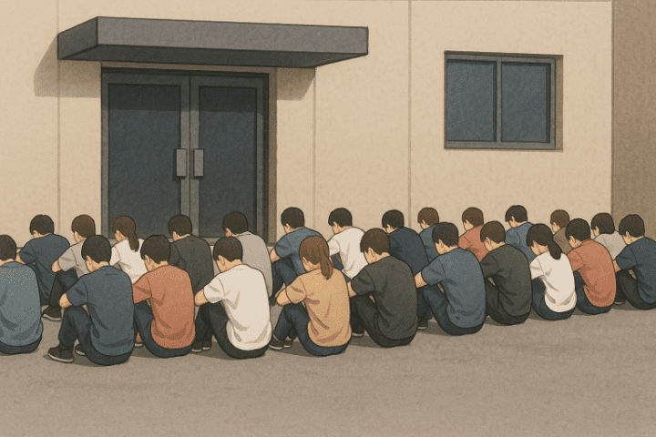 事務所前で座っているバイトの人たち